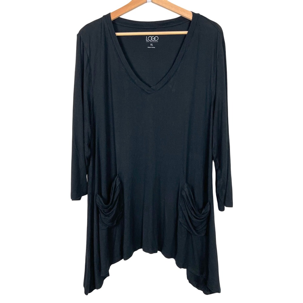 LOGO Lori Goldstein Black V-Neck Tunic Top 3/4 Sleeve Pockets Sharkbite XL